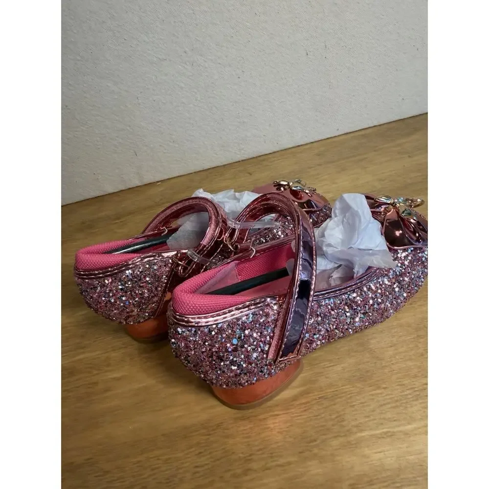 Cutedog Girls Glitter Mary Jane Dress Shoes Pink Bow Hearts US Size 8 New
